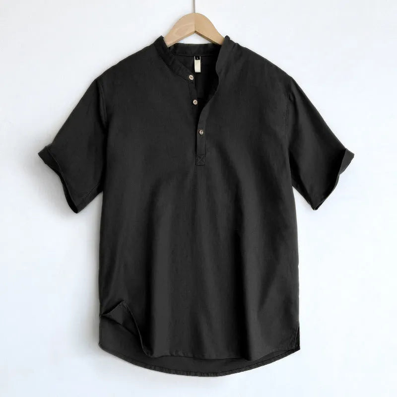 Men's solid colour short sleeve T-shirt in thin cotton linen blend fabric on a hanger.