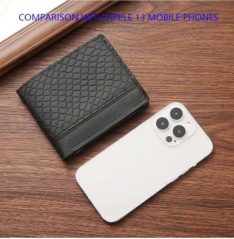 Men's short PU leather wallet with embossed snakeskin pattern, black, with multiple card slots and coin pocket