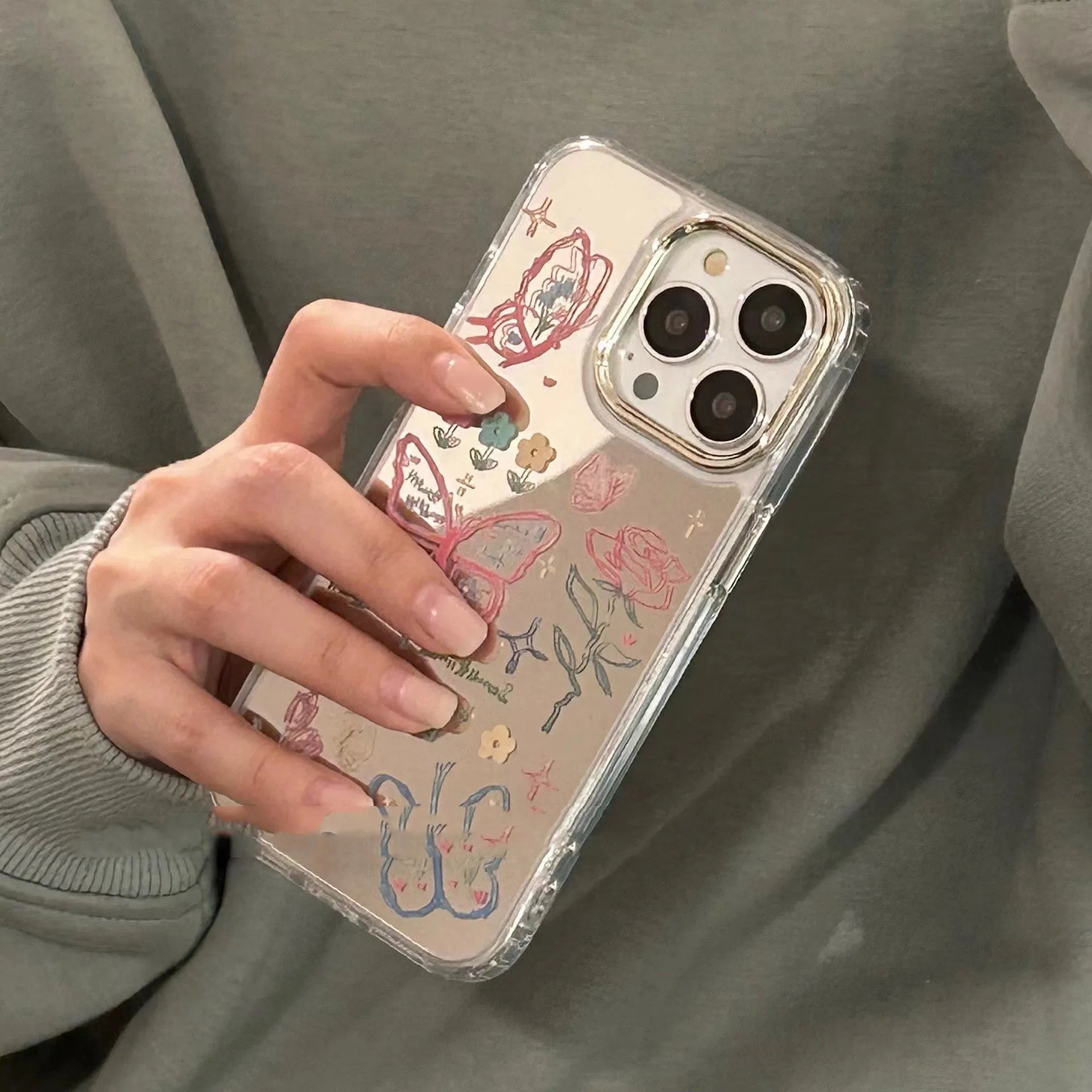 Mirror graffiti butterfly silicone phone case with bracket for iPhone 13