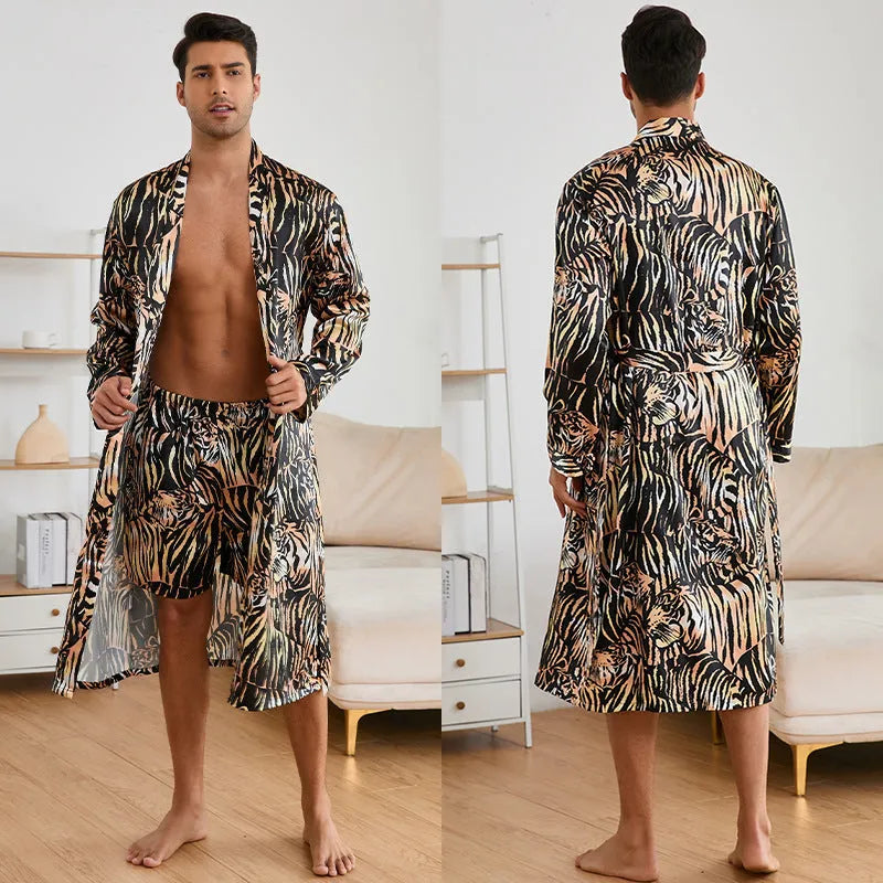 Men's tiger pattern rayon bathrobe set with long sleeves and matching shorts