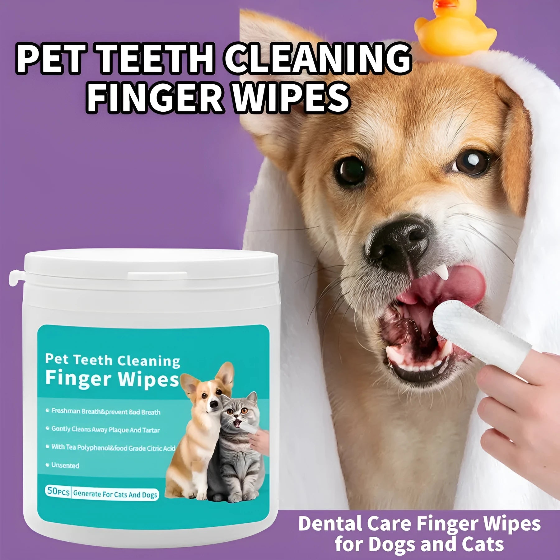 Box of disposable pet cleaning wipes for ear care and teeth cleaning for cats and dogs.