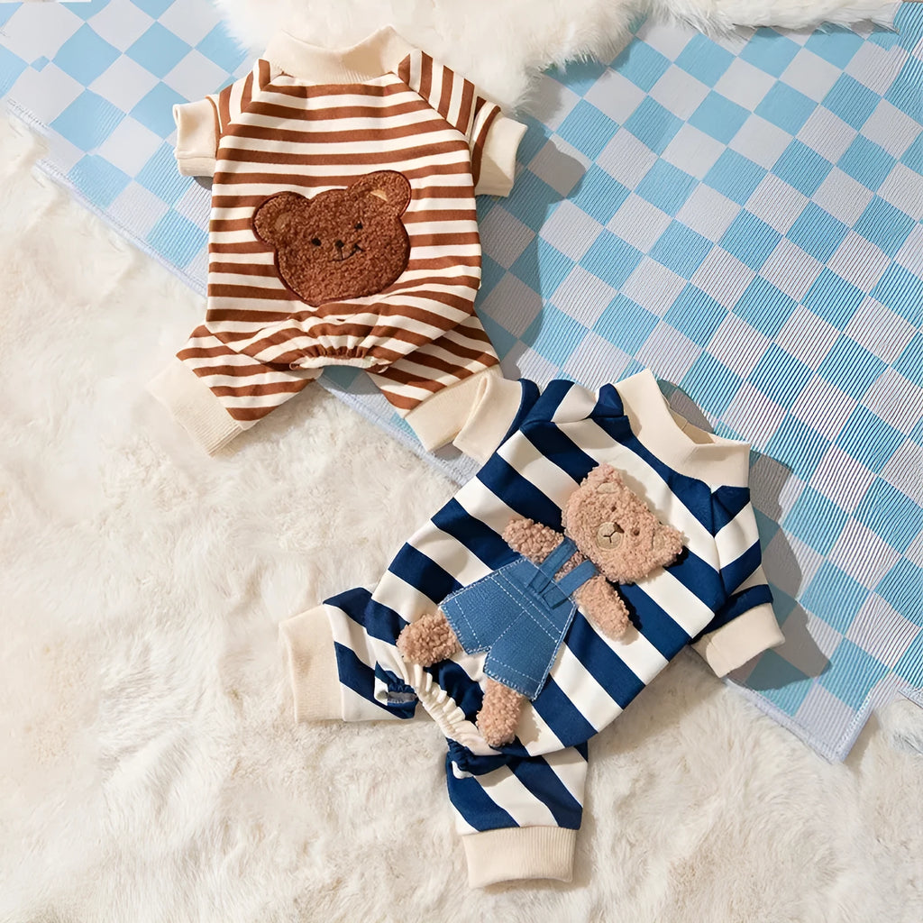 Cute bear striped four-legged dog pyjamas in blue for small to medium pets