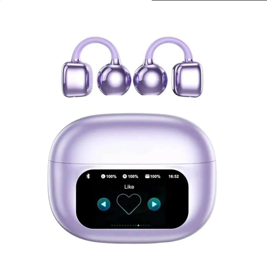 Smart colour screen ear clip Bluetooth headset in black with display screen showing battery