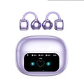 Smart colour screen ear clip Bluetooth headset in black with display screen showing battery
