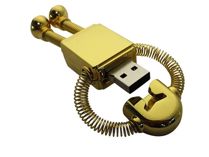 Metal robot U disk in zinc alloy, 80 x 23 x 14mm, gold or silver, capacities 512MB to 64G