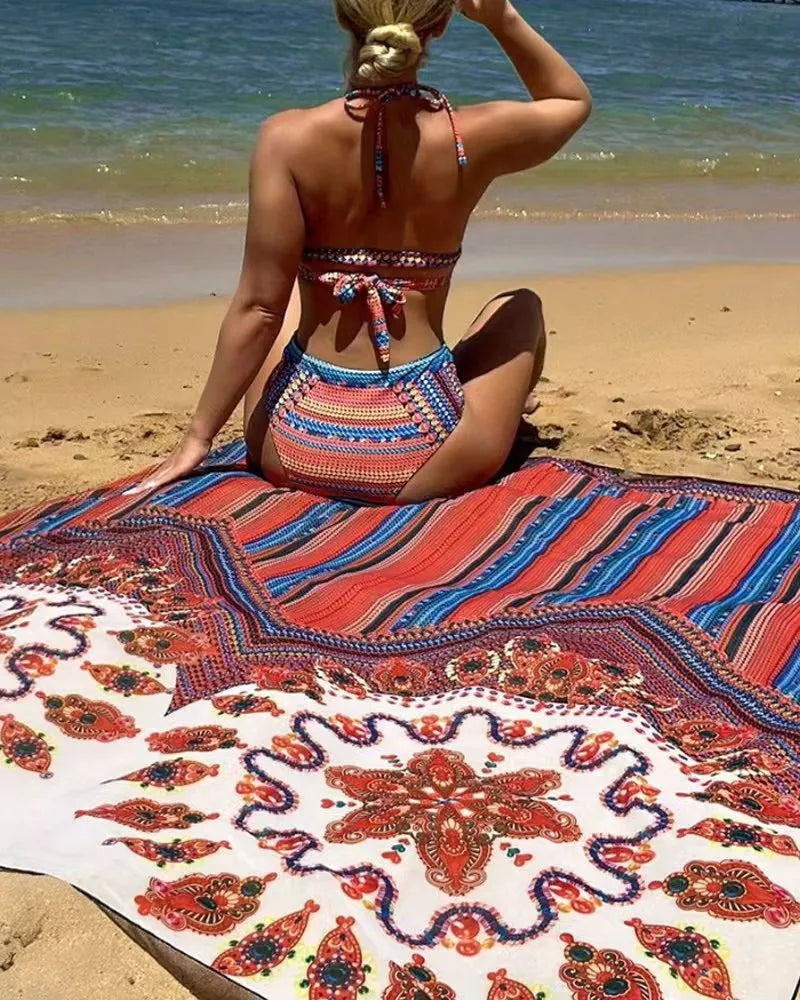 Women's three-piece swimsuit set in pictured colour, showing cutout sleeveless top, high-waist briefs, and a cover-up coat.