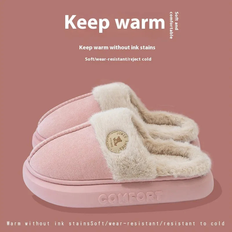 Plush fleece winter slippers with thick PVC soles in black, blue, brown, khaki or pink
