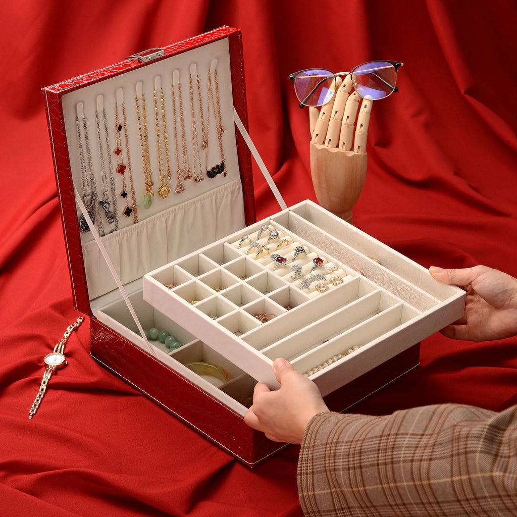 Leather crocodile pattern double layer jewelry storage box with lock in multiple colours.