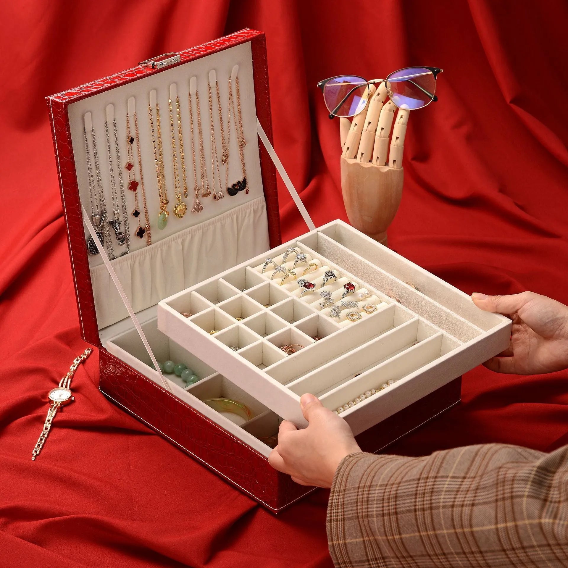Leather crocodile pattern double layer jewelry storage box with lock in multiple colours.