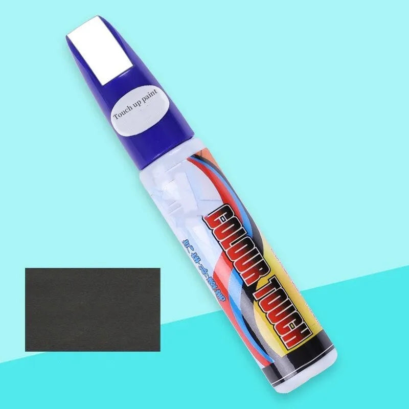 Automotive paint repair pen touch-up kit with paint pen, wax, sponge, and sandpaper for car scratches.