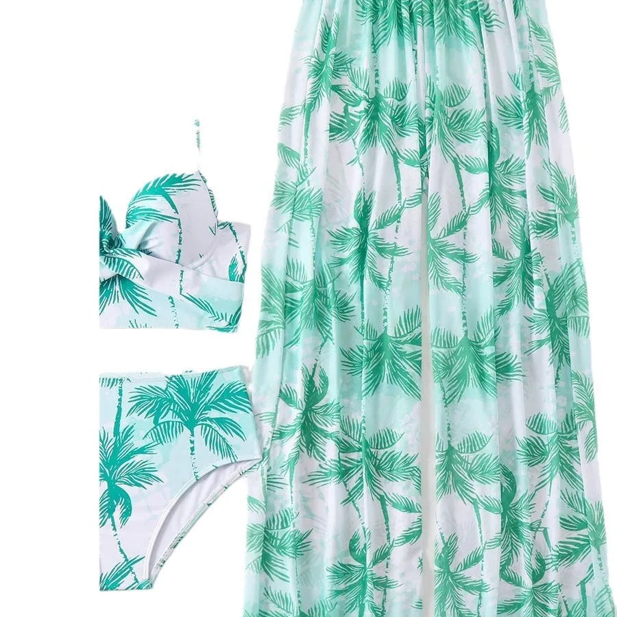 Women's bikini three-piece suit with printed pattern, available in black, blue, and emerald green colours