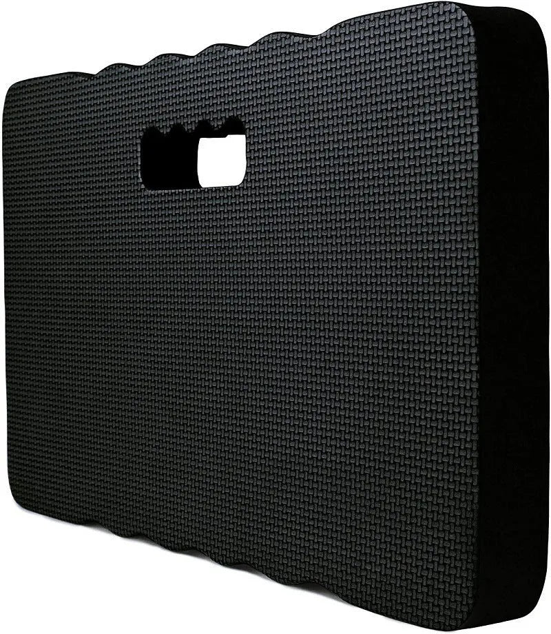 Blue Eva foam garden kneeler pad cushion on grass, measuring 45cm long by 28cm wide.