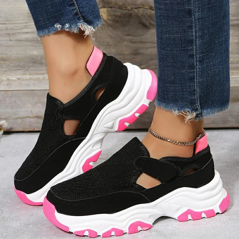 Women's mesh sport shoes with round toe, low heel, and Velcro fastening in a solid colour