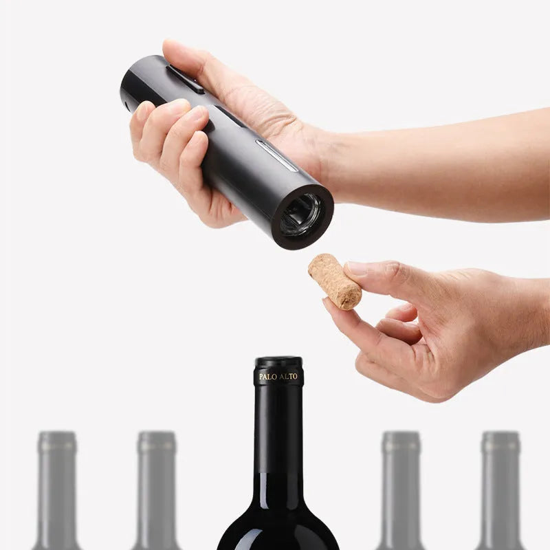 Five-in-one electric bottle opener set with decanter and vacuum stopper on base, ABS plastic, black