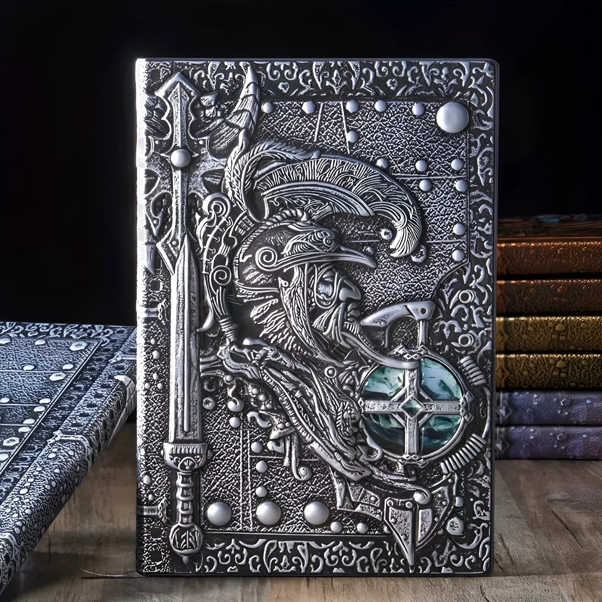 A5 leather notebook with embossed 3D warriors relief design on the cover, shown in bronze colour.