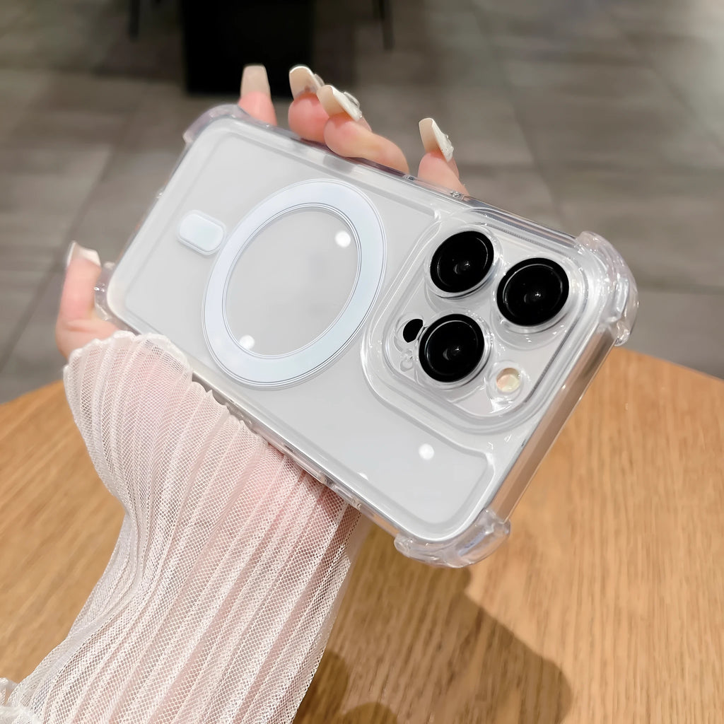 Transparent silicone airbag phone case for iPhone with raised camera lens protector.