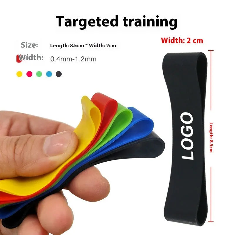 Five latex thumb stretch braces in a set, each measuring 16 cm by 2 cm, for hand muscle development