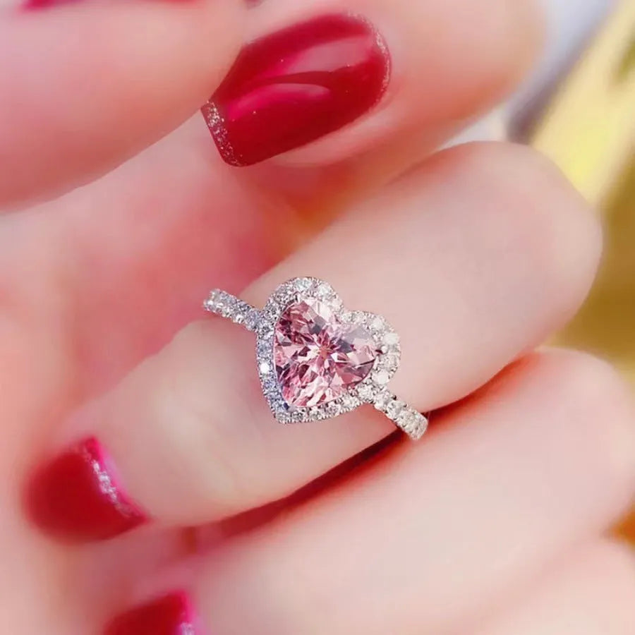 Heart-shaped adjustable open copper ring for women in pink, white, red, blue, green, or purple diamond colour design