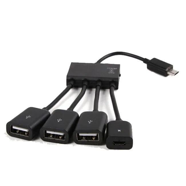 Black Micro USB OTG one-to-four adapter cable with switch and three USB ports