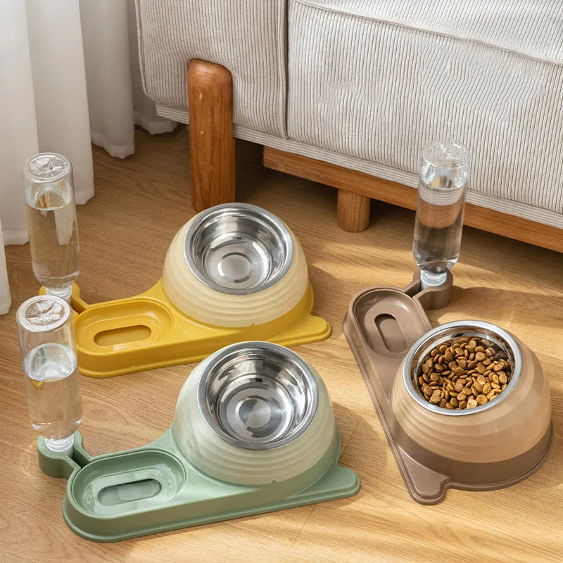 Brown elevated cat food bowl with automatic water dispenser bottle, whisker-friendly design