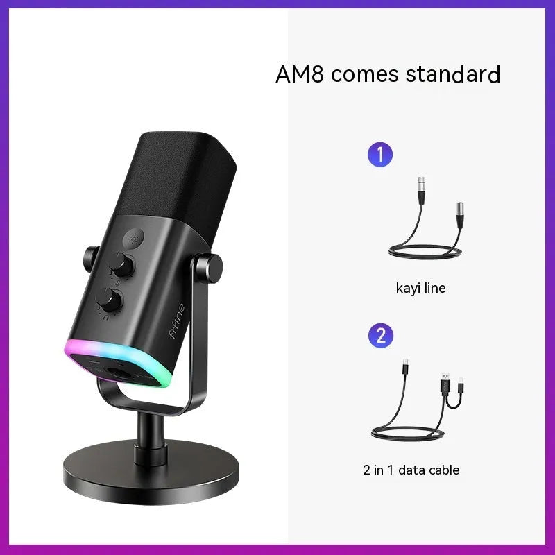 AM8 dynamic noise reduction microphone in black with XLR cable and base