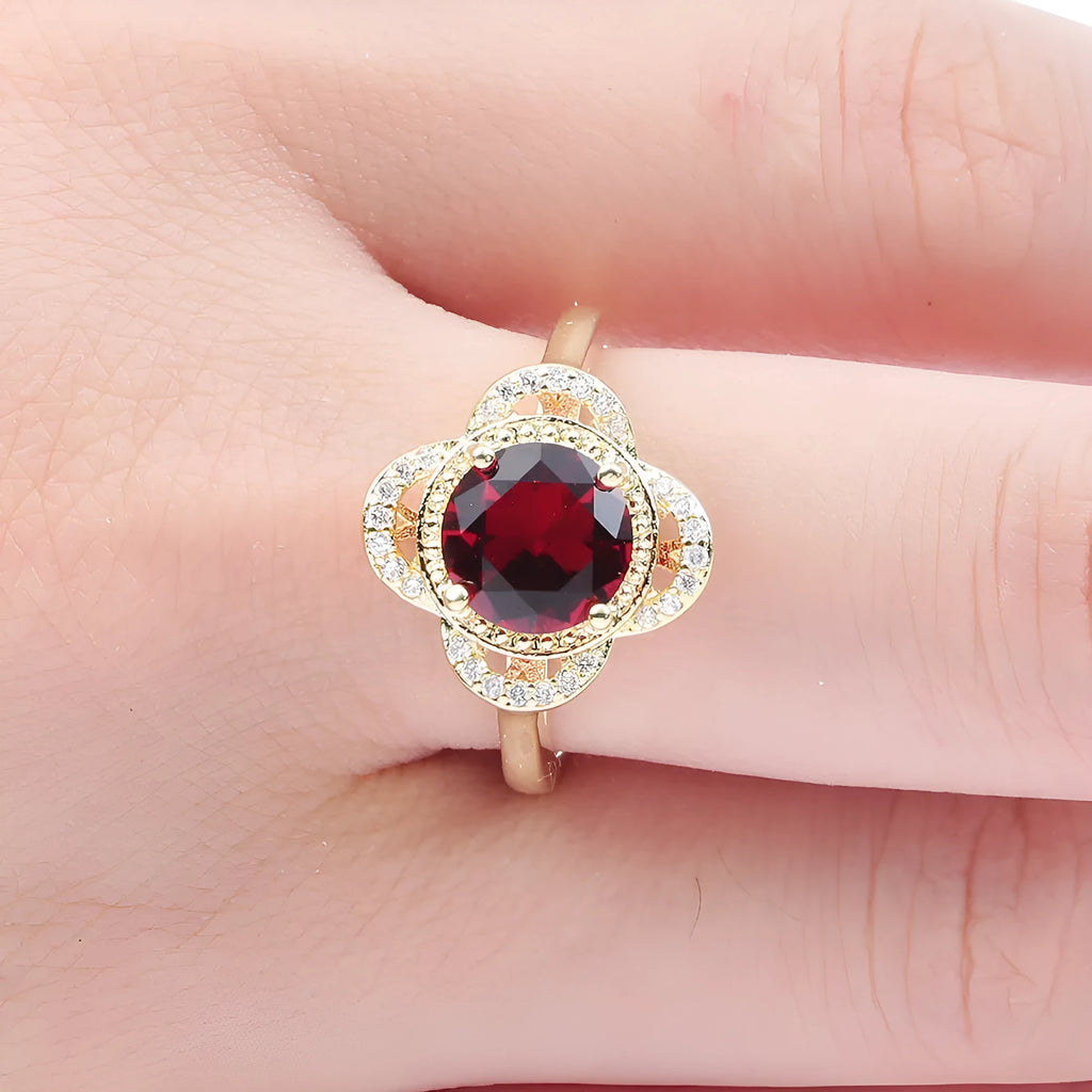 Copper zircon fruit-shaped ring with electroplated finish shown in size options