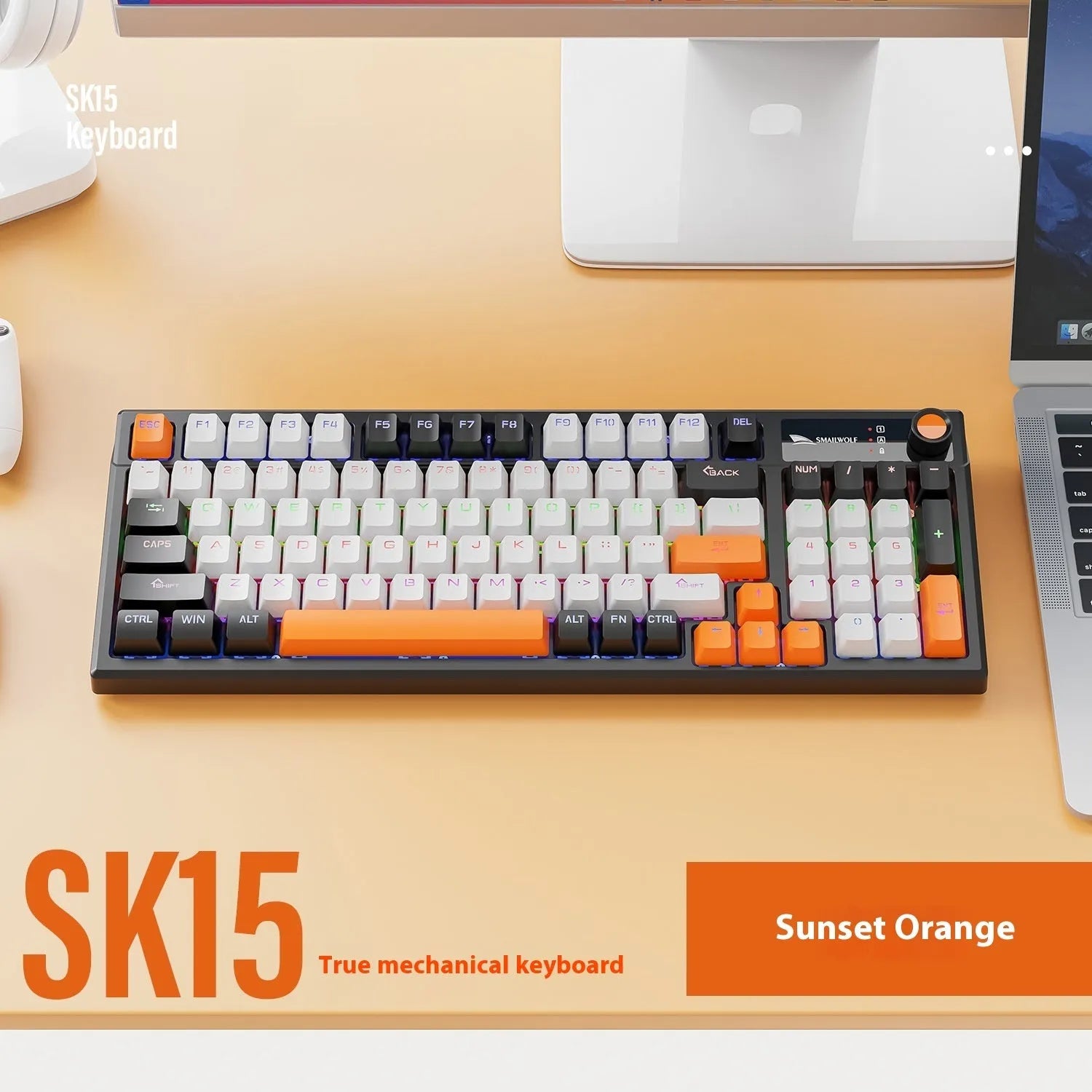 SK15 wired mechanical keyboard with control knob in sunset orange colour showing compact design