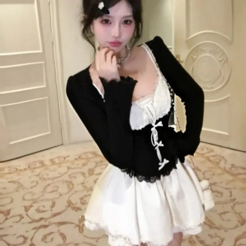 Women's two-piece set with knitted blouse and suspender skirt, lace detail, princess style