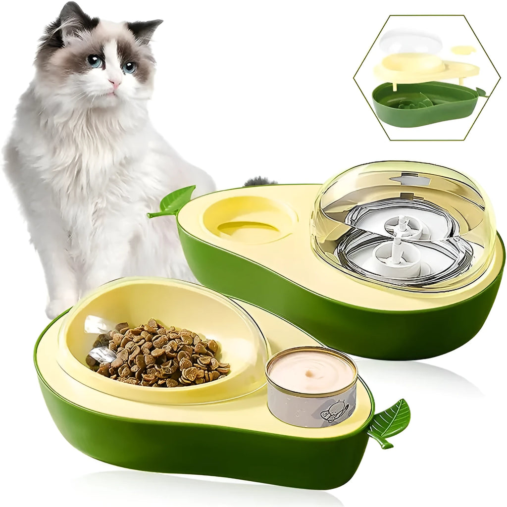 Green avocado-shaped pet feeder with automatic water bottle and separate food bowl