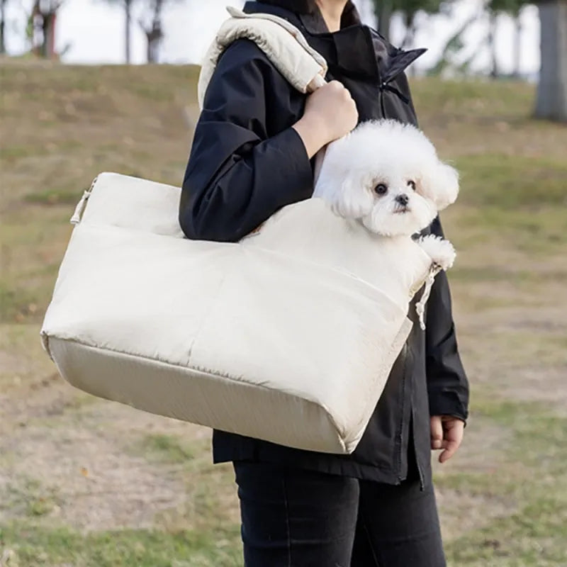 Dog car seat pet carrier with adjustable safety leash, plush waterproof fabric, Grey or White, sizes L and M