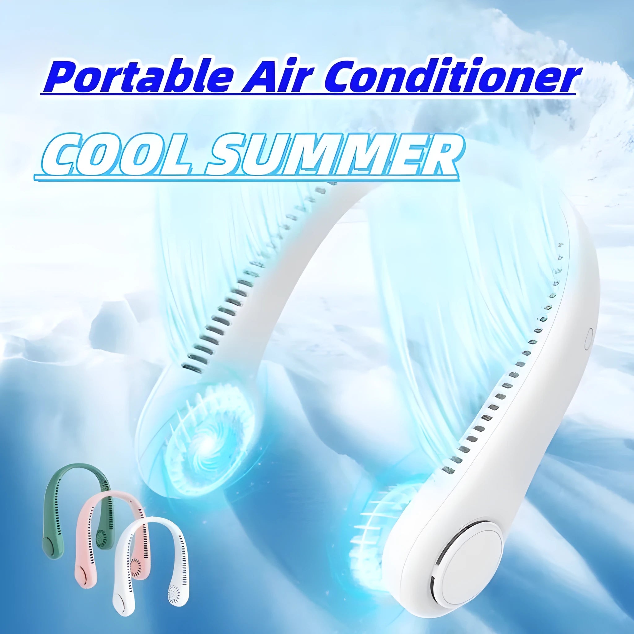 Rechargeable neck fan worn around neck with bladeless design and decentralised air outlet