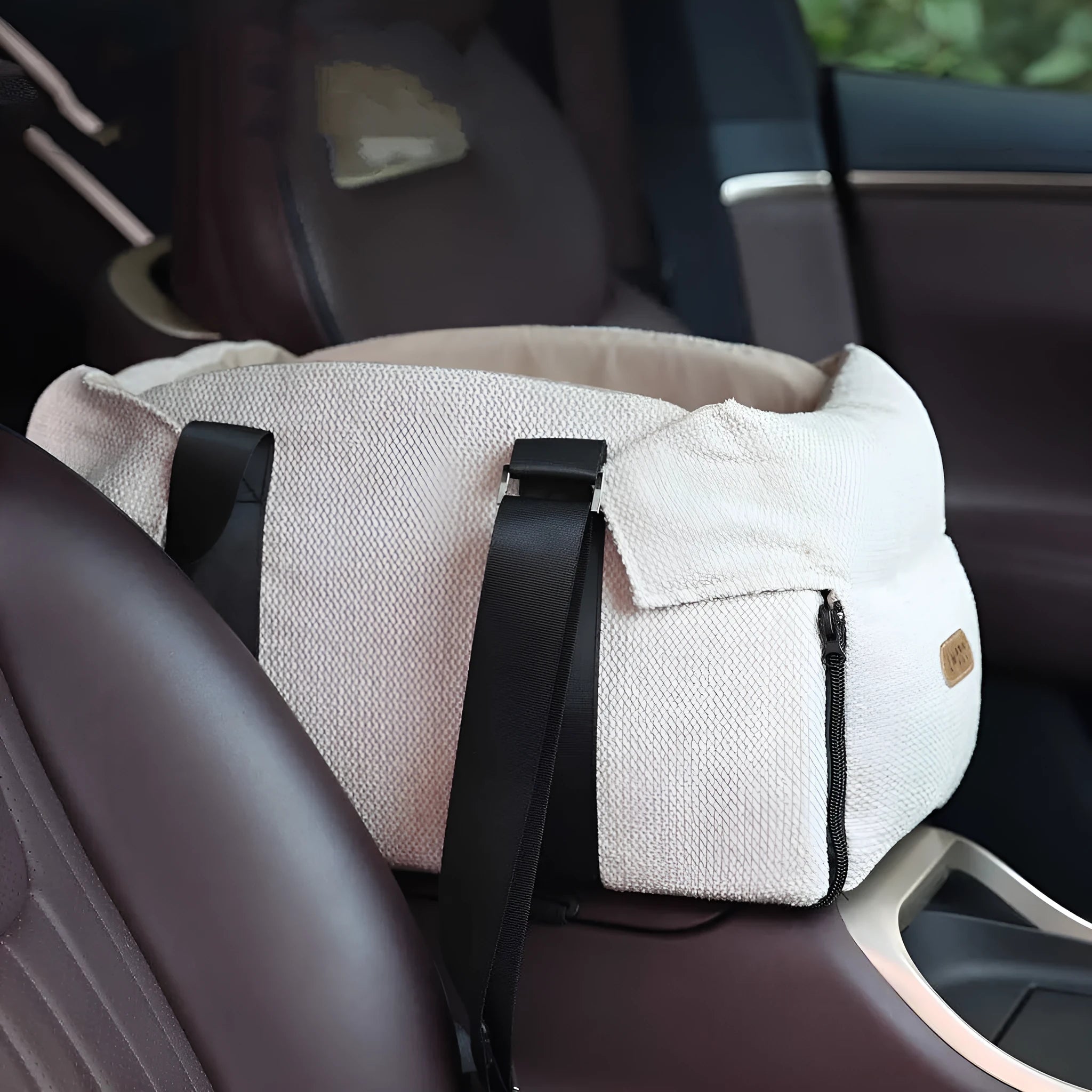 Beige white polyester pet car nest and diaper bag carrier measuring 23x20x40cm