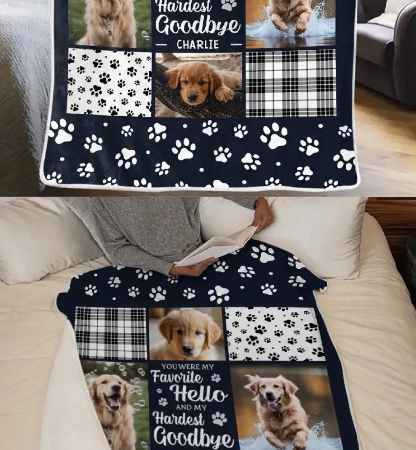 White flannel dog blanket with creative design shown in three size options