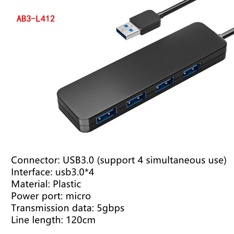 Black USB 3.0 hub with 4 ports, a 30cm cable, and LED activity indicators.