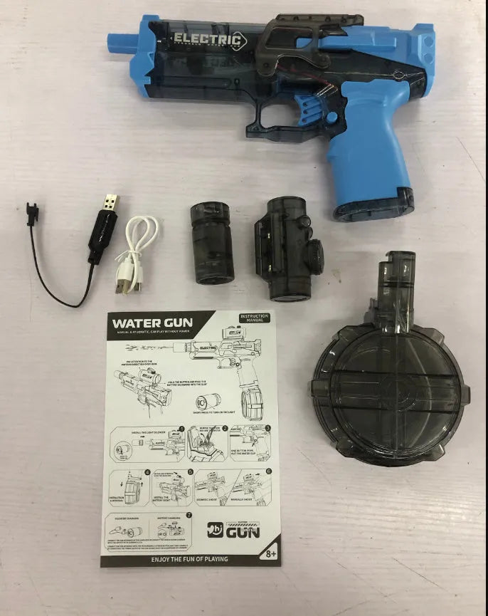 Electric water pistol with light effects showing automatic water feeding system