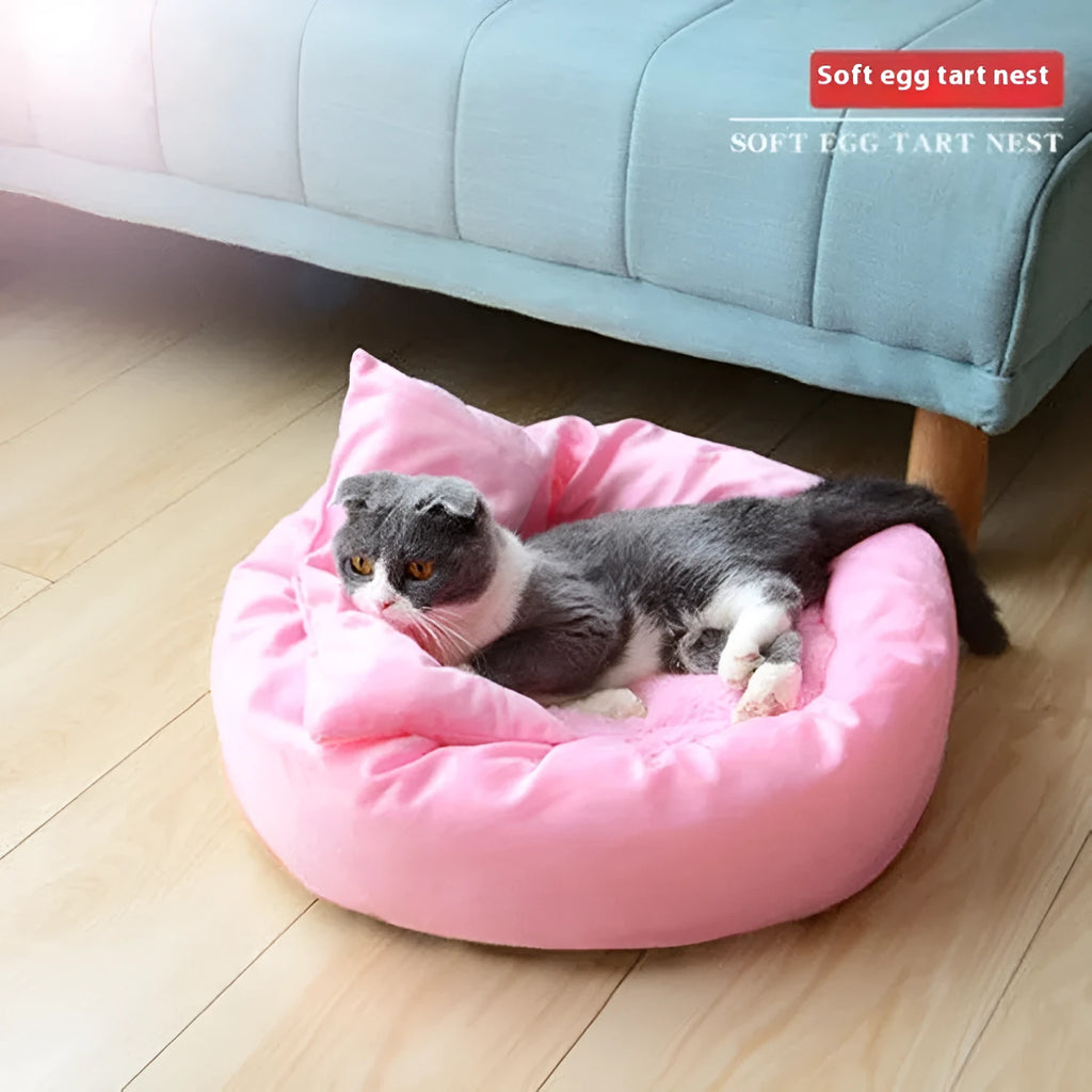 Soft grey and pink PP cotton filled dog beds in different sizes, some with an attached pillow.