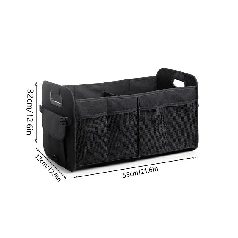 Black foldable fabric car boot storage box with handle and multiple compartments