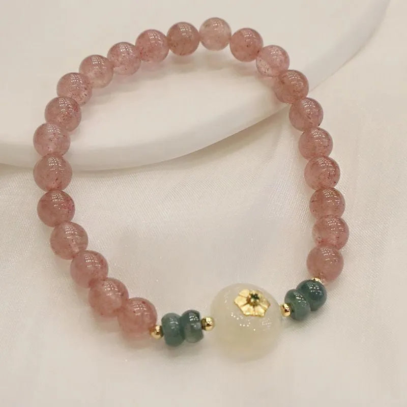New Chinese style women's bracelet with strawberry quartz, blue water emerald pendant, geometric design