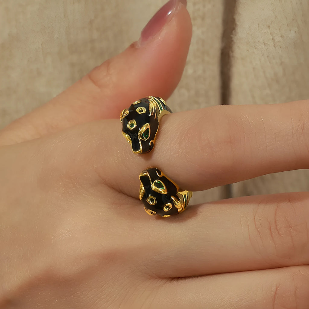 Black cheetah print open geometric ring for women, size No.7, made from electroplated copper.