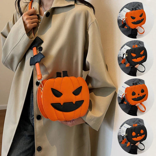 Halloween crossbody bag with pumpkin and bat design, available in black and orange colors