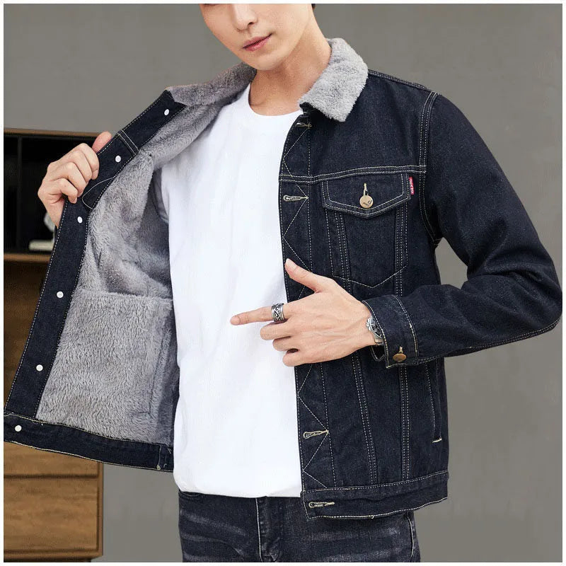 Korean style slim denim jacket with lapel collar, embroidery, and long sleeves in dark blue