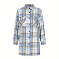Women's lapel plaid long sleeve shirt jacket in blue and green casual cardigan style polyester