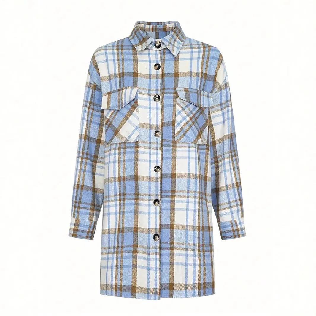 Women's lapel plaid long sleeve shirt jacket in blue and green casual cardigan style polyester