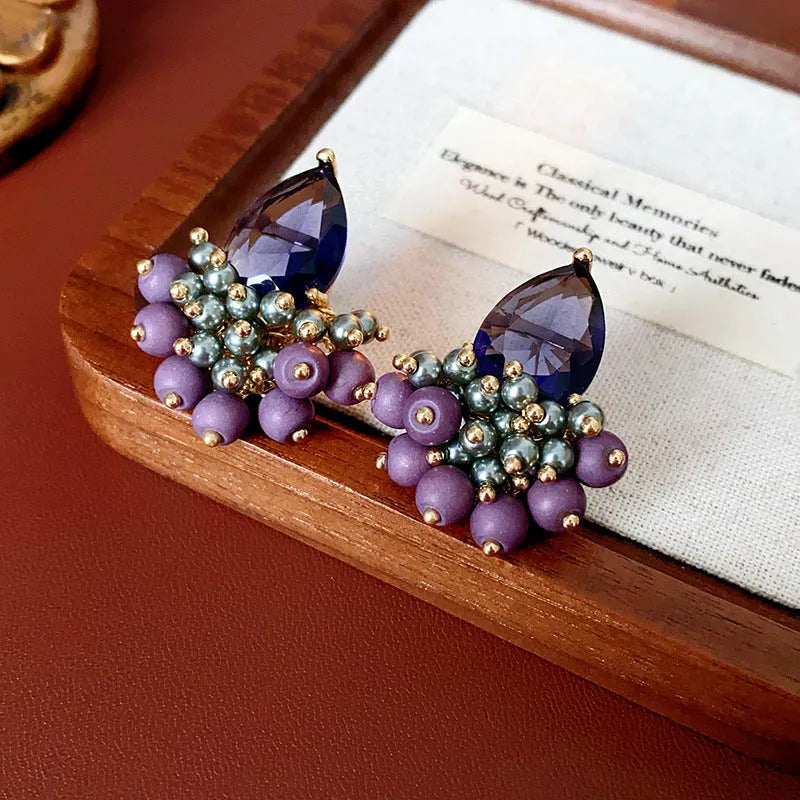 Retro alloy tassel earrings with zircon and purple droplet colour for women