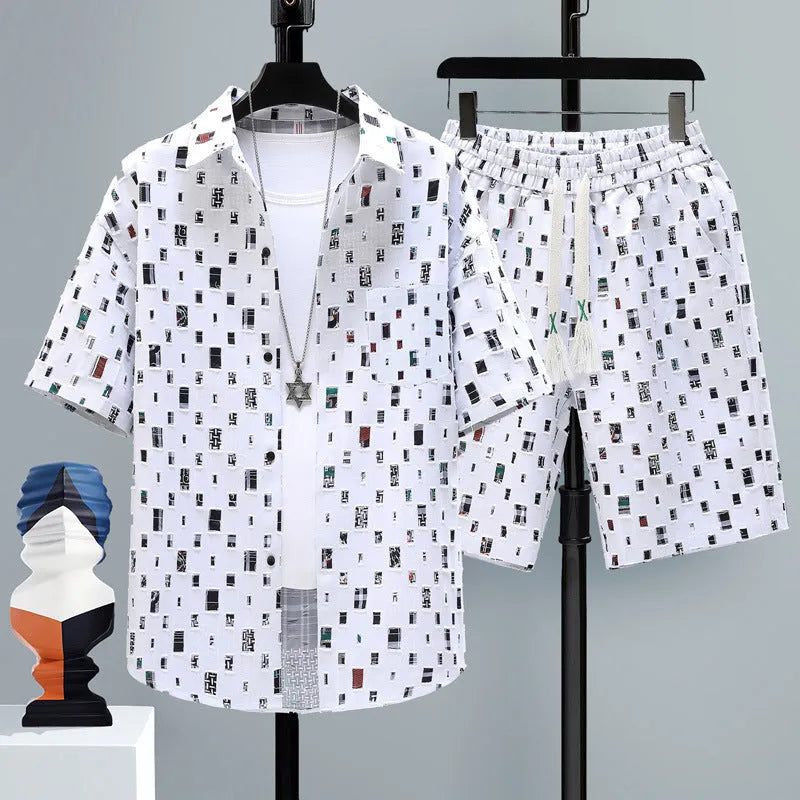 Men's casual polyester shorts two-piece set with short sleeve top in assorted colours