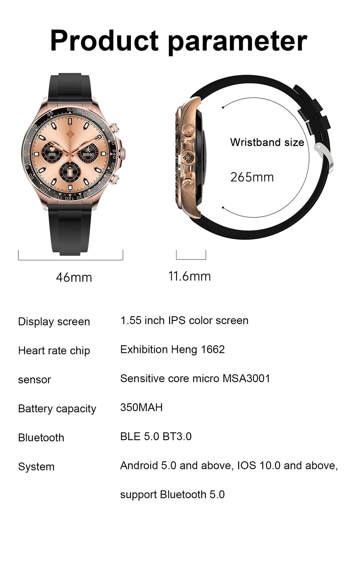 Round screen EX108 smart watch with Bluetooth calling, IPS display and three silicone watchbands in black, silver or rose gold.