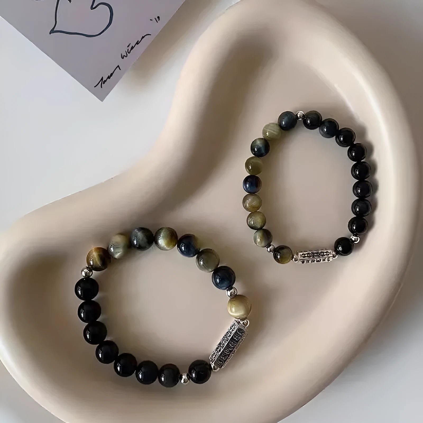 Obsidian and Tigereye sterling silver bracelet with Six Words Mantra engraving, Chinese style geometric design.