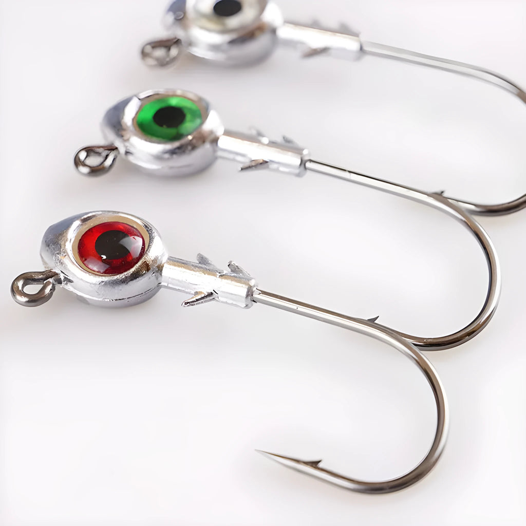 Cambrian Big Eye Fish Head Jig Hook with large painted eye in white, red, or green on a lead head, 5-14g