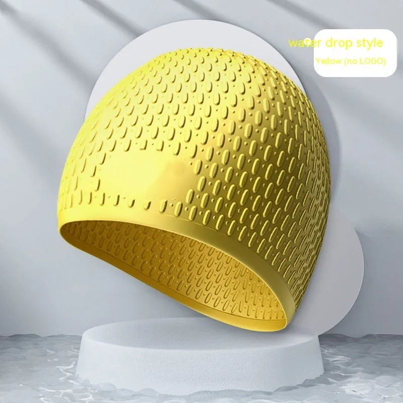 Solid colour silicone swimming cap with water drop design for adult swimmers