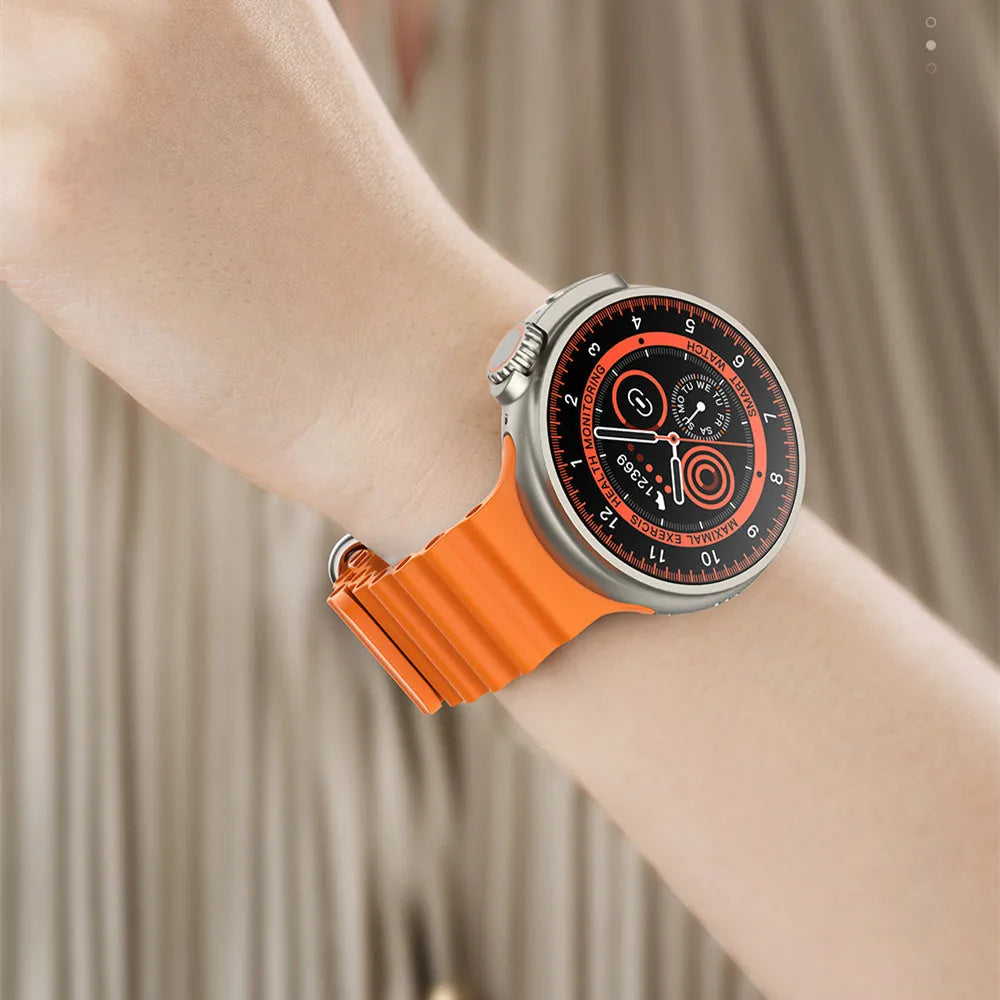 K9 smart watch with round screen showing health metrics, zinc alloy case, silicone strap in multiple colours